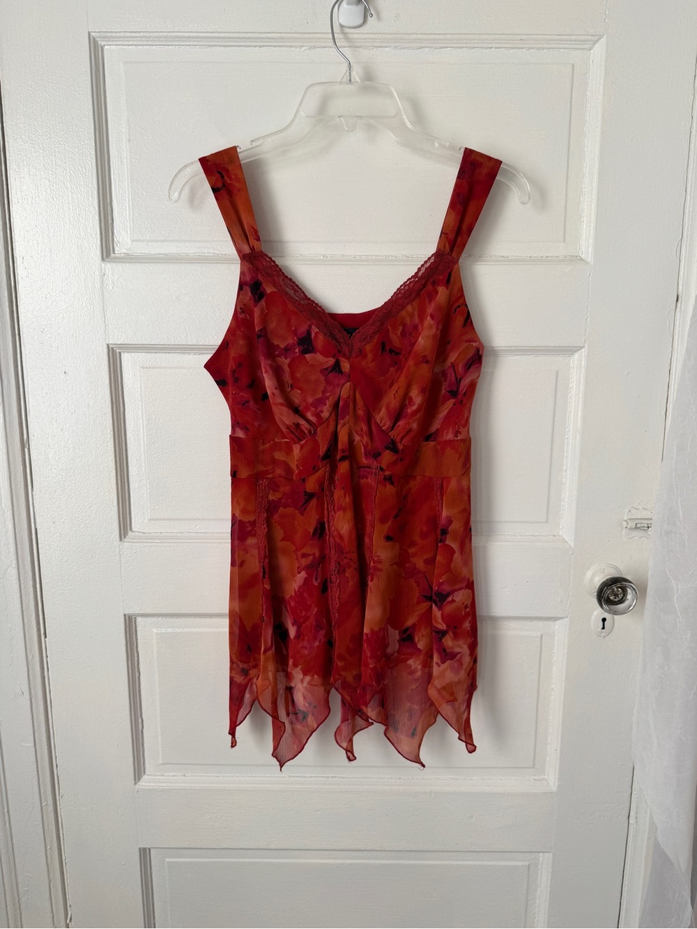 Babydoll Camisole Top Separates New York City Designs Red Floral Lace Trim Y2K M
